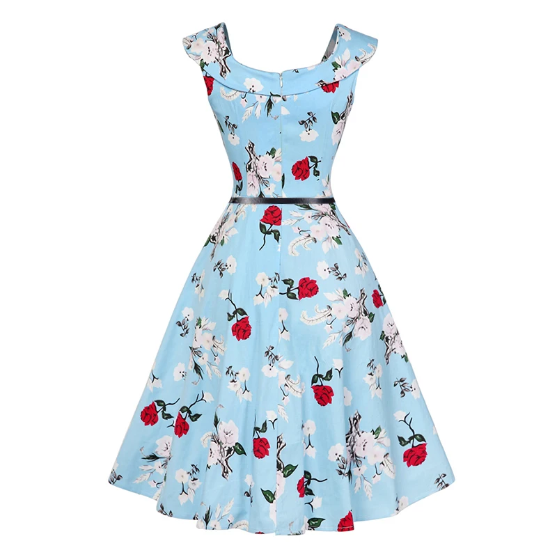 Kostlish Print Summer Dress Women 2017 Cotton Sleeveless 50s Vintage Dress With Belt Elegant Rockabilly Party Dresses Sundress (106)