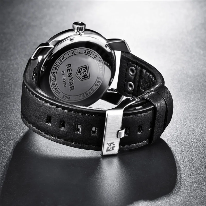 Benyar Luxury Top Brand Men Fashion Creative Skull Watch Business Military Clock Leather Quartz Men