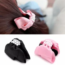 Black Pink Bowknot Bow Rhinestone Pearl Barrette Hair Clip Claw Clamp for Women Girl
