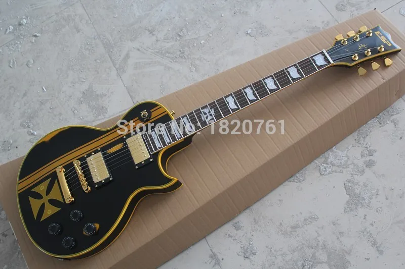 

Free shipping Matte Black ESP Standard Series ESP Metallica James Hetfield Iron Cross Electric Guitar with Gold Hardware 1451