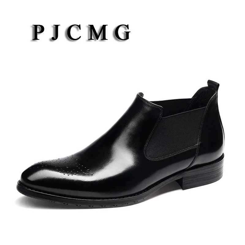 

PJCMG High Quality Men's Genuine Leather Black/Red Slip-On Pointed Toe Working Office Wedding Oxford Formal Ankle Boots
