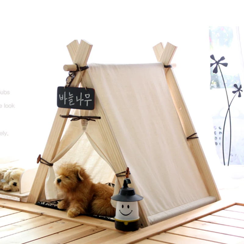 

LK1643 Creative Pet Tent For All Seasons Washable Cat Dot Kennel With Mats Pine+Canvas Pet House Supplies S L