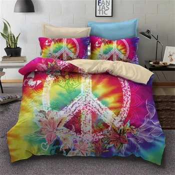 

Hippie Symbols Rainbow Bedding Twin Full Queen Super King Size Duvet Cover with Pillowcase Polyester Printed Decor Home Textiles