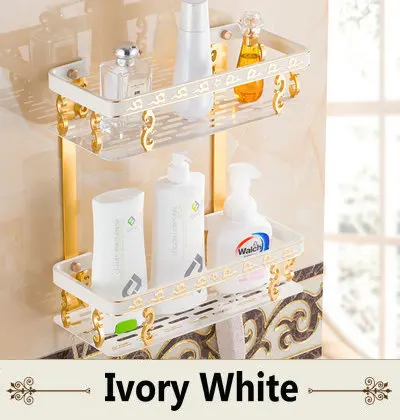 Модная Античная алюминиевая полка для ванной комнаты, двухслойная угловая полка, корзина - Цвет: D Ivory White