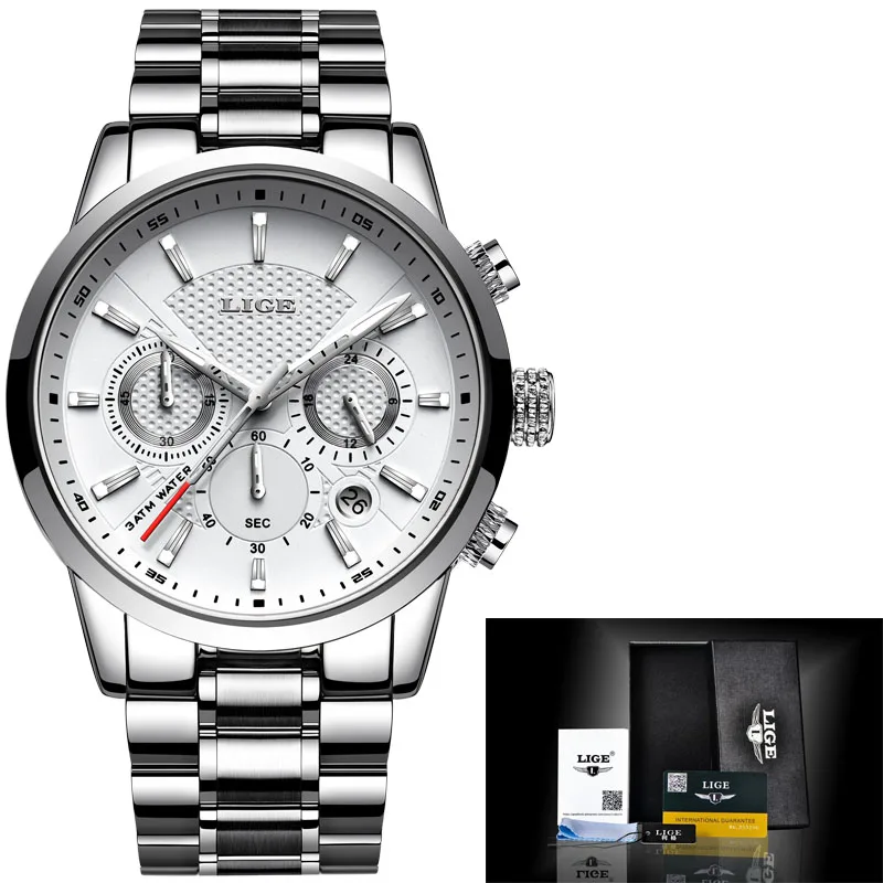 2019LIGE мужские часы Топ бренд класса люкс мужские военные спортивные кварцевые часы мужские водонепроницаемые часы из нержавеющей стали Relogio Masculino - Цвет: Silver white