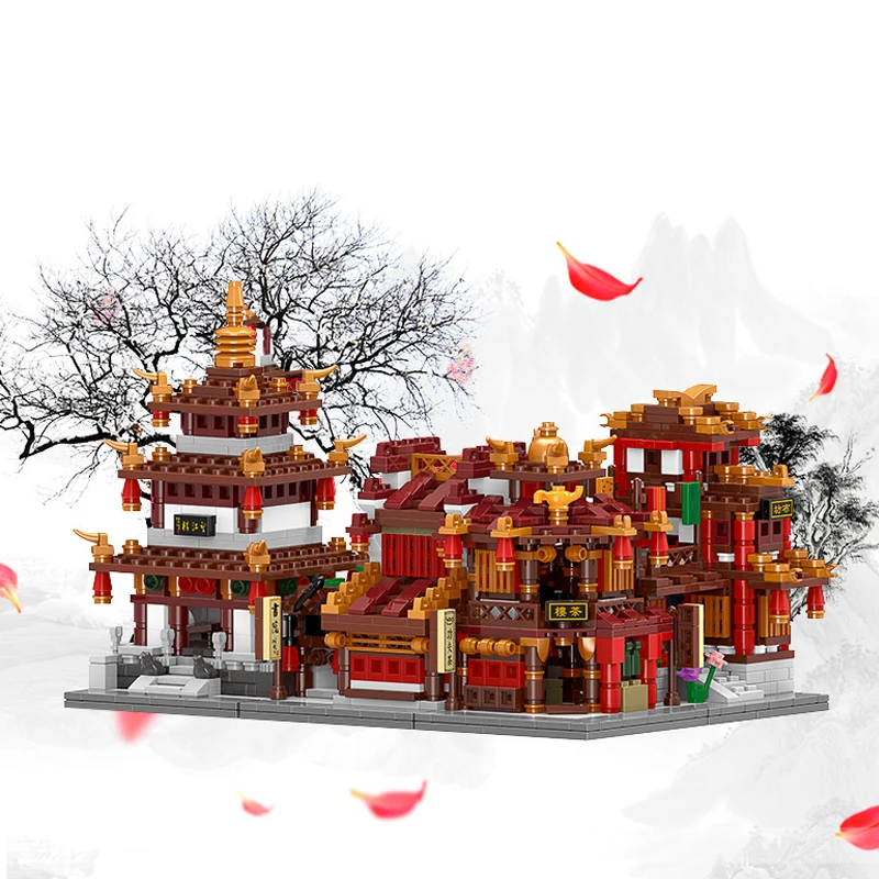 

XingBao 01102 1502Pcs Zhong Hua Street Series 4 in 1 The Teahouse Library Cloth House Wangjiang Tower Set Building Blocks Model