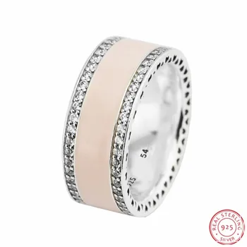 

925 Sterling Silver Trendy Wide Band Rings for Women Jewelry Smooth Pink Enamel Lines of Glittering CZ Cut-out Heart FLR118