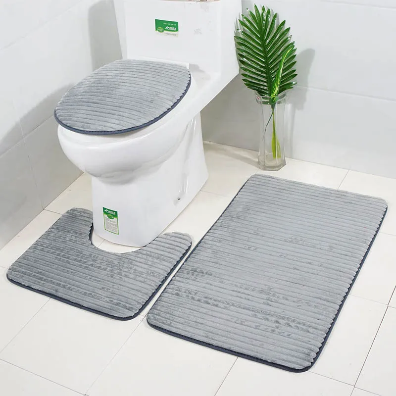 3pcs/set Striped 3D Anti slip Bath Rug Toilet Mats Set Soft Absorbent
