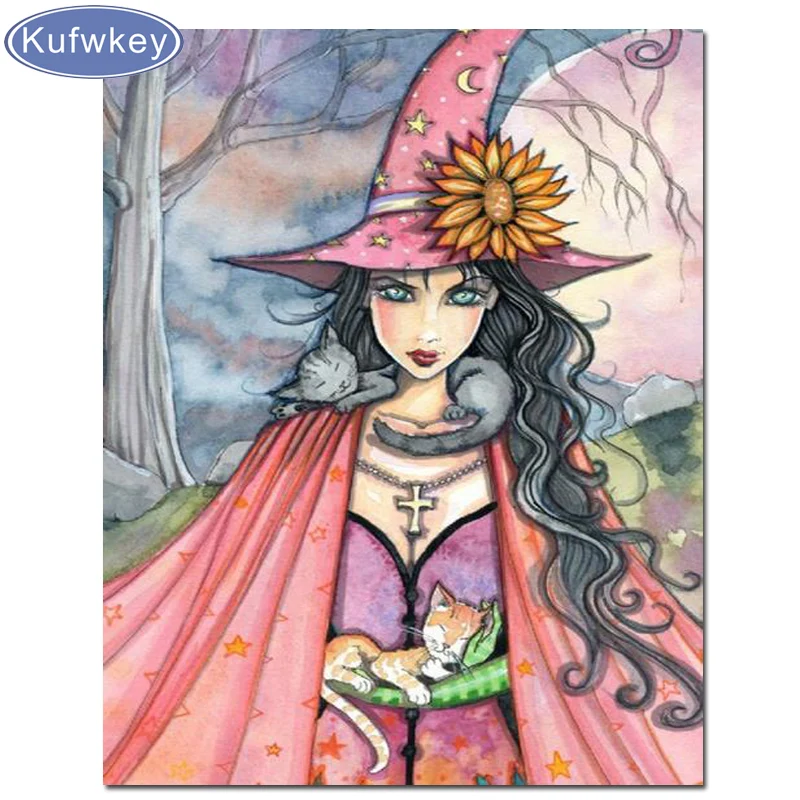 

Diamond Painting witch and Cat Diamond Embroidery cartoon Series Resin Mosaic Full Square Kits Needlework 5D DIY halloween gift
