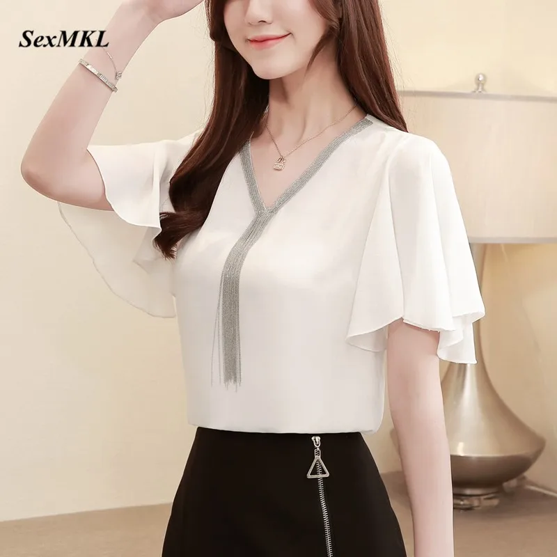 

SexMKL Summer White Chiffon Blouse Femme 2019 Women Sexy Ruffle Casual Tops Ladies Korean Shirt Female Camisa Blusa Mujer XXL