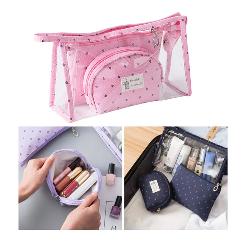 Vogvigo 3 pcs Casual Travel Cosmetic Bag PVC Leather Zipper Make Up Transparent Makeup Case Organizer Storage Pouch Toiletry Bag