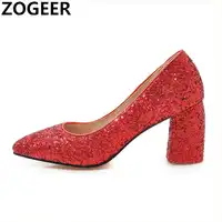 Plus Size 48 2019 Fashion Wedding Shoes Thick High Heels Pumps Pointed Toe Luxury Sequined Gold Silver Red Party Bridal Shoes