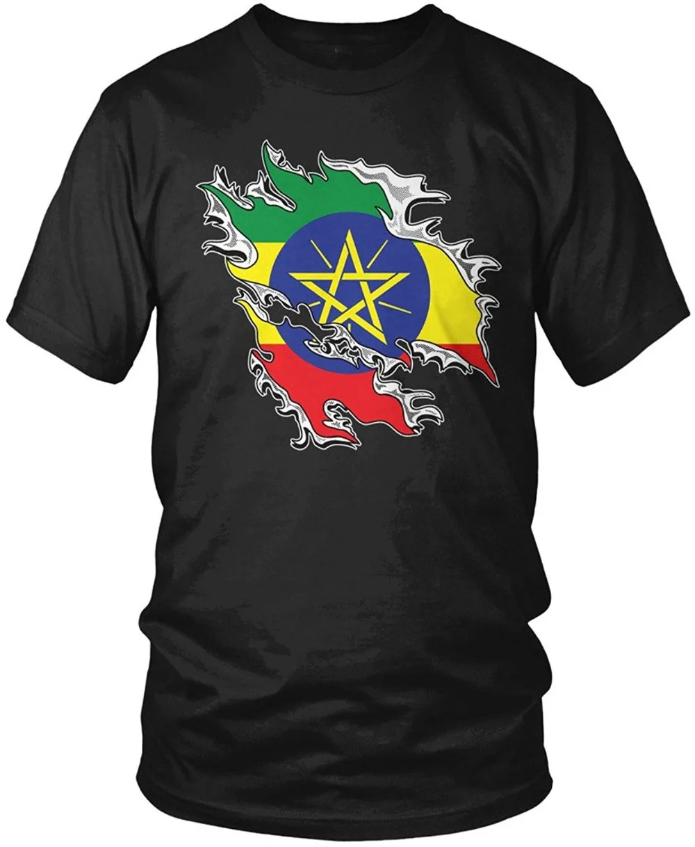 cheap Tees Custom Any Logo Size Novelty Men Crew Neck Short Sleeve Ethiopia Flag Rip Out Tear Through Ethiopian Flag Mes T Shirt