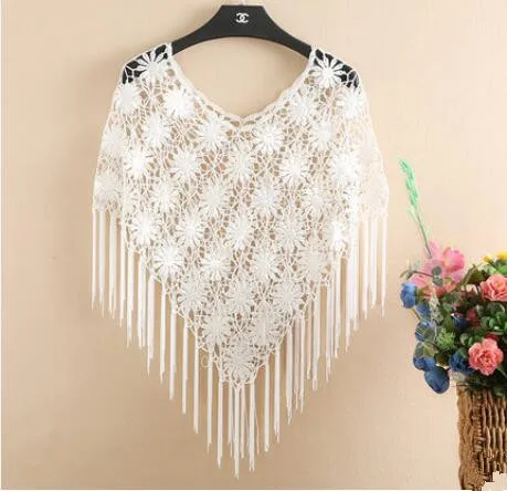 Lace hollow small shawl cloak tassels with short thin shoulder Knitted Blouse | Женская одежда