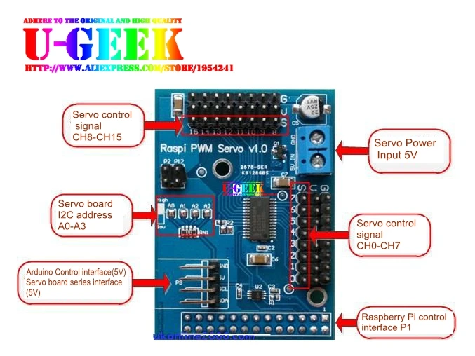 Ugeek Raspberry Pi ШИМ серво Плата расширения/щит, поддержка 16-канальный серво, поддержка до 256 servo