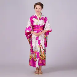 Ярко-розовый японский национальный Для женщин атласное кимоно юката с Оби традиционный вечернее платье новинка Хеллоуин костюм один