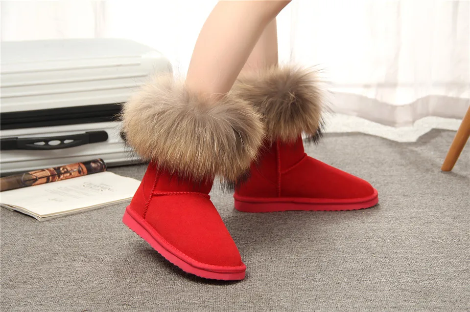 MBR FORCE Fashion Women's Natural Real fox Fur Snow Boots Genuine Cow Leather women Boots Female Warm Winter Boots Shoes