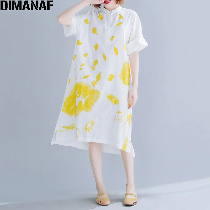 

DIMANAF Plus Size Women Long Blouse Shirts Summer Fashion Casual Cotton Linen Female Clothing Loose Basic Print Shirt Dress 2019