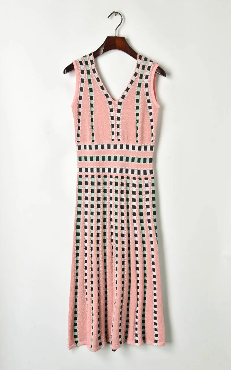 Женское платье без рукавов, женское розовое трикотажное облегающее платье-пуловер в клетку с V-образным вырезом, лето