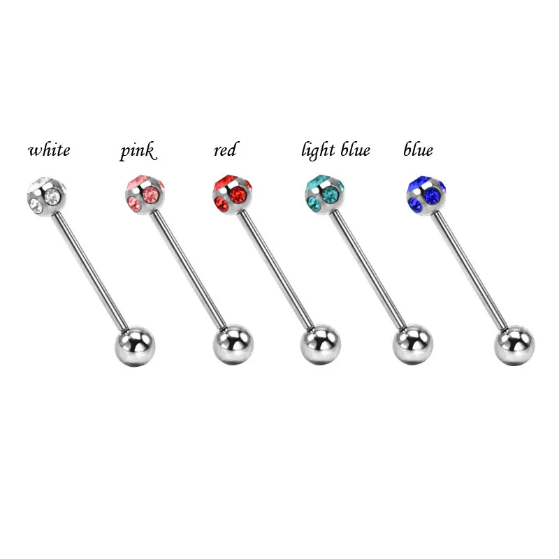 Fashion Barbell Tongue Ring Piercings For Tongue 20mm Long Bar 14G 1.6mm Thickness Czech Crystal Body Pircing Jewelry Tragus New 4