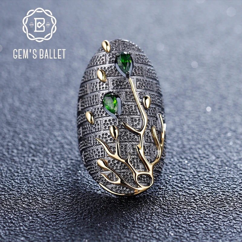 

GEM'S BALLET Natural Chrome Diopside Gemstones Finger Ring 925 Sterling Silver Original Petal Floral Rings for Women Wedding