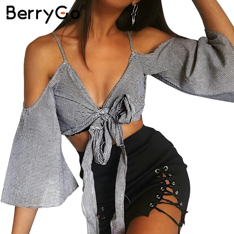 Berrygo сексуальный лук рукав фонарик блузка Femme Модные V шеи плед рубашка Женщины
