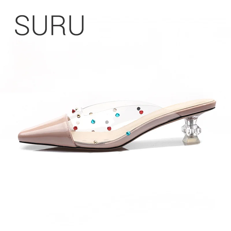 

SURU Colors Dot Transparent PVC & Leahter Vamp Mules shoesWomen Crystal Heel Square High heeled Shoes Summer Outdoor Slippers