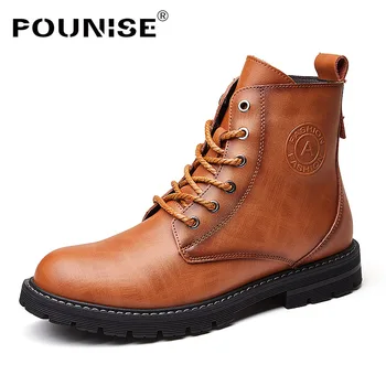 

Pounise Men's Boots Genuine Leather Retro Designer Boots Fashion Work Shoes Lace Up Ankle boots Men shoes Winter Boots