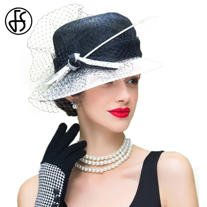 FS Sinamay Hat Wedding Kentucky Fascinator Summer Black White Linen