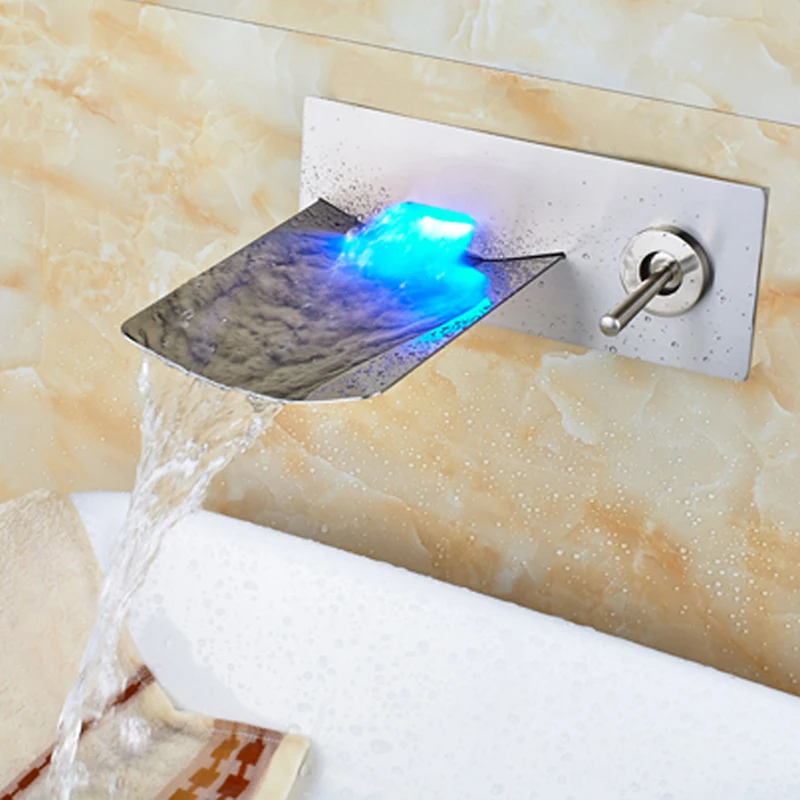 

RGB Light Wall Mounted Bathroom Faucet Waterfall Spout Water Taps Brushed Nickle Basin Faucet
