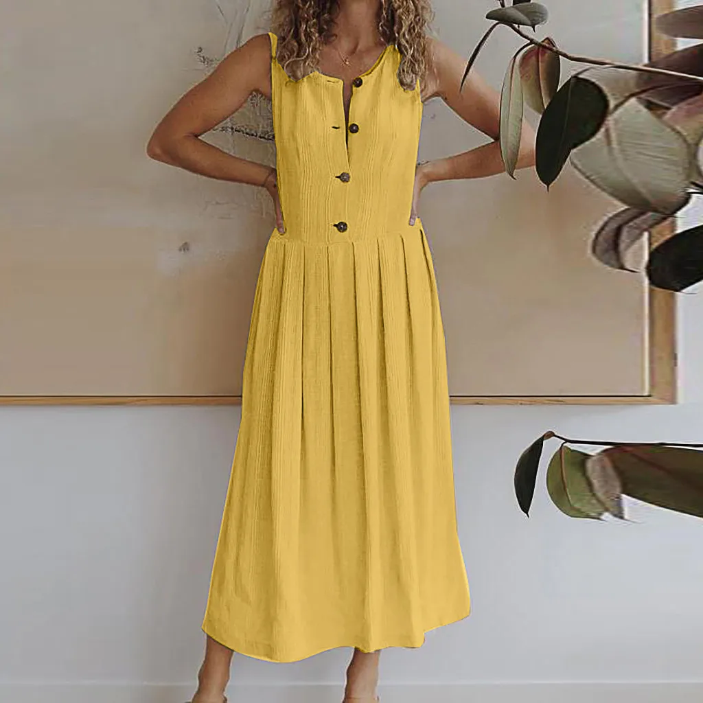 

Fashion Womens O-Neck Pure Color Button Sleeveless Sandy Beach Easy Dress