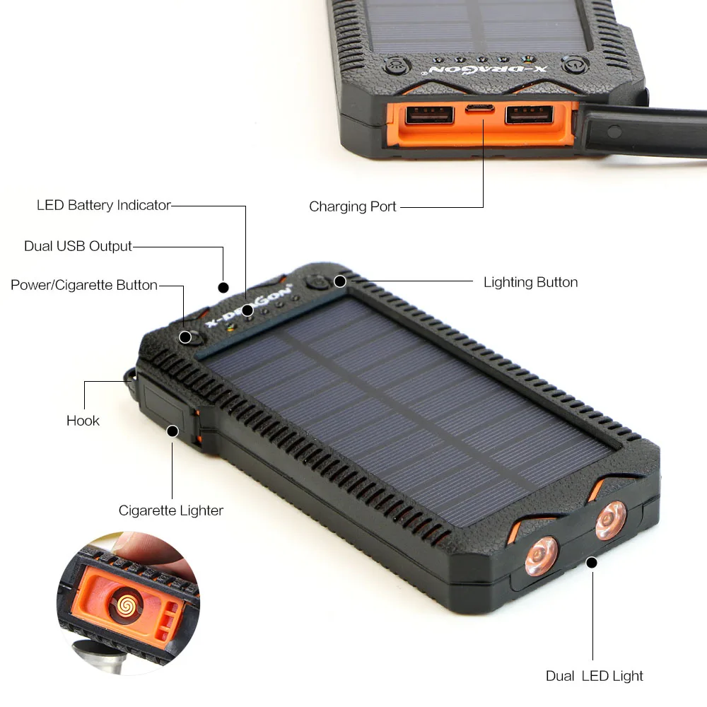 15000mAh Solar Power Bank Portable External Battery Solar Powerbank Charger with Electric Cigarette Lighter for Smart Phone