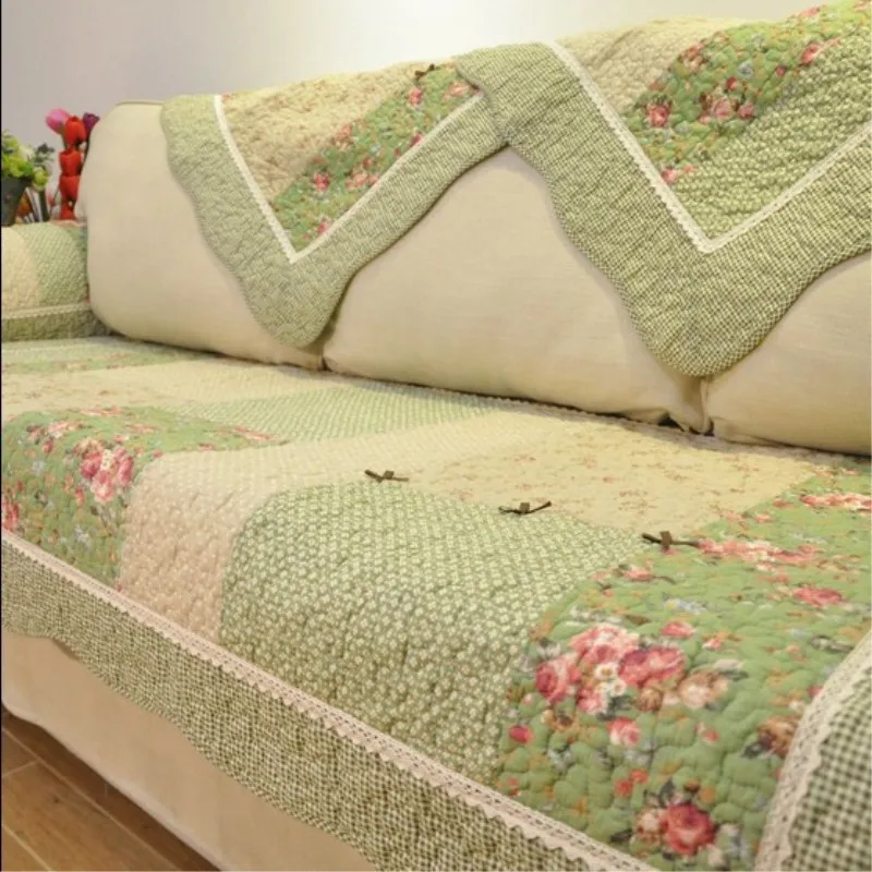 

Green Floral Sofa Covers Couch Cover Pastoral Washed Cotton Quilted Fabric Corner Sofa Towel Pillow Slip Seat Cushion