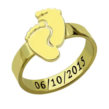 

Wholesale Personalized Baby Feet Ring Gold Color Engrave Name&Date Ring Cute Baby Footprint New Mom Gift Mother's Ring