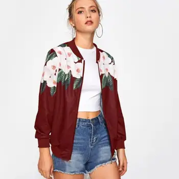 

2018 Spring Autumn Flower Printed Bomber Jacket Women Retro Fashion Basic Coats Zipper Casual Long Sleeve Slim Jacket Female