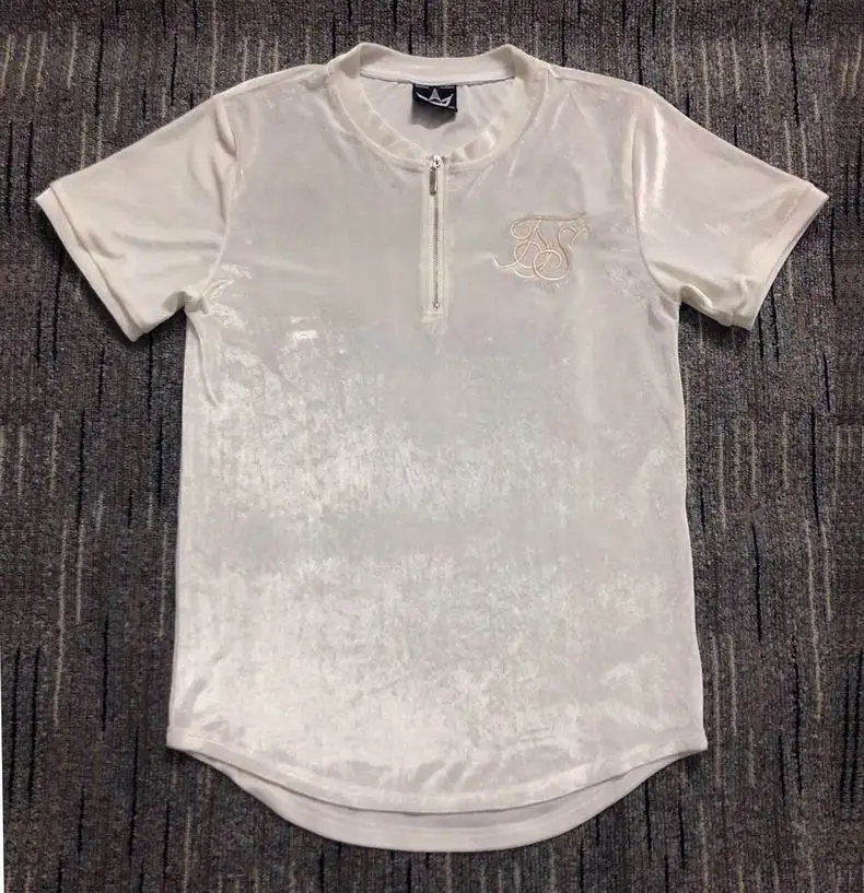Мужские брендовые летние футболки Kanye West Sik из шелка и бархата, мужские повседневные футболки в стиле хип-хоп с неровным вырезом на молнии с коротким рукавом, синие и белые - Цвет: Белый