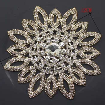 

12CM Golden Round rhinestone Applique Flower Silver bridal wedding sash and belt rhinestone appliques for evening dress