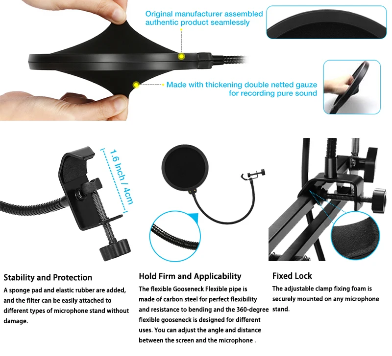 Микрофон FELYBY поп-фильтр для BM800 и любого другого микрофона двойной слоистый Ветер Поп-экран с гибким 360 ° зажим s-образной формы