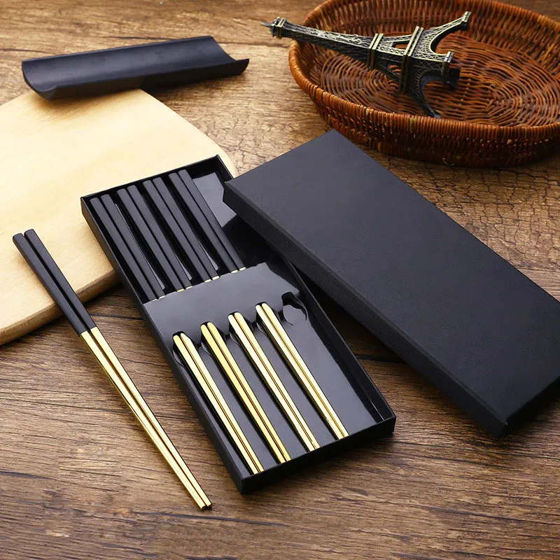 

5 Pairs High-grade 304 Stainless Steel Food grade Square Non-slip Chopsticks with Box Korean Chop Sticks Gift Dinnerware