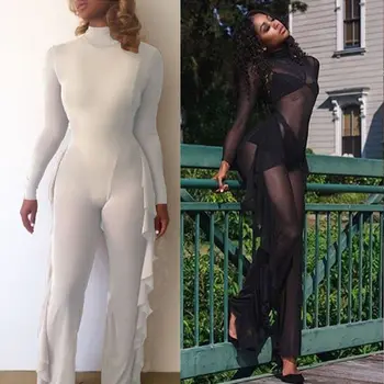 

2017 Fashion women long sleeve perspective slim bodycon bodysuit long jumpsuit party ruffles playsuit