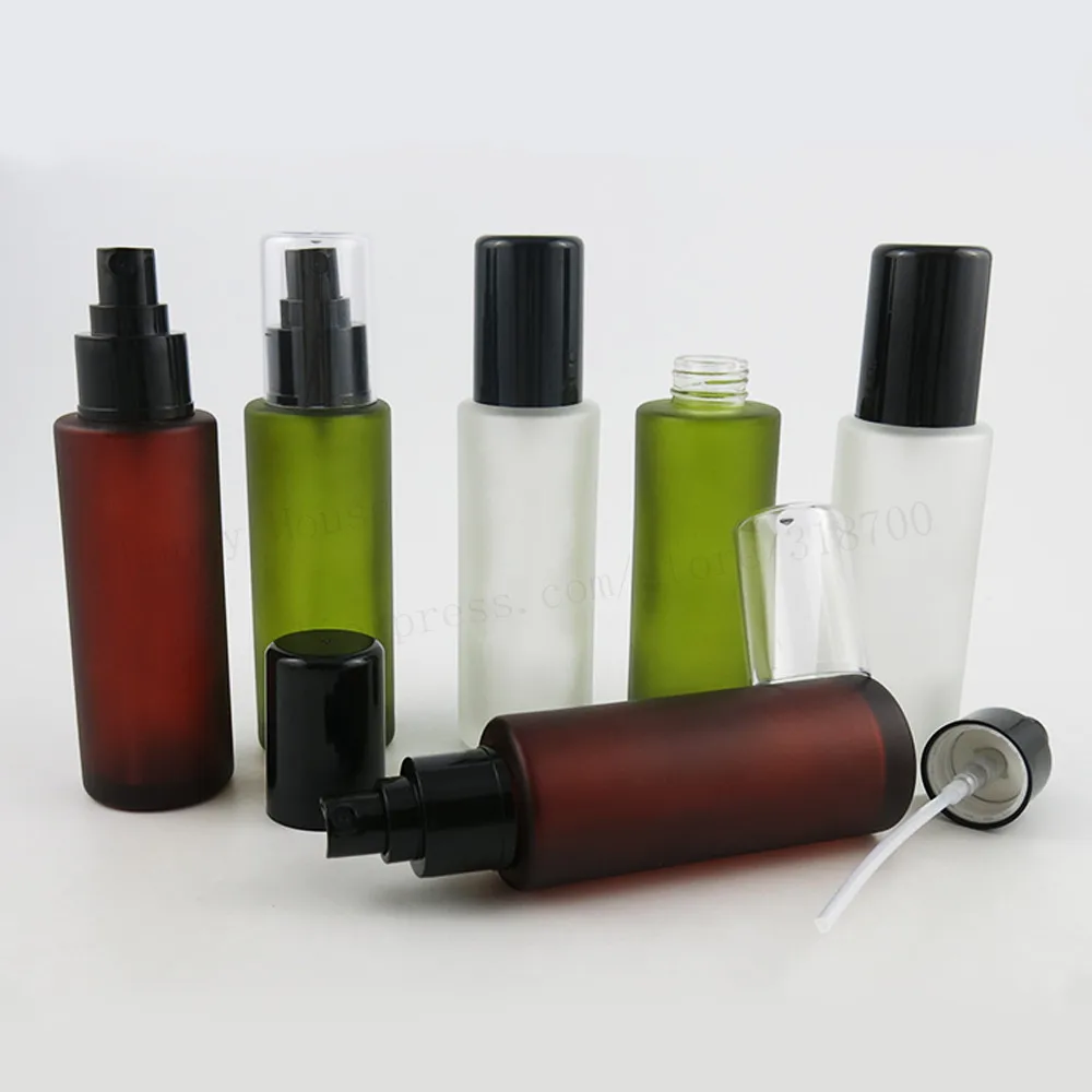 Download 360 x 100ML Frosted Green Brown Toner Round Glass Bottle with Black Plastic Sprayer Cosmetic ...