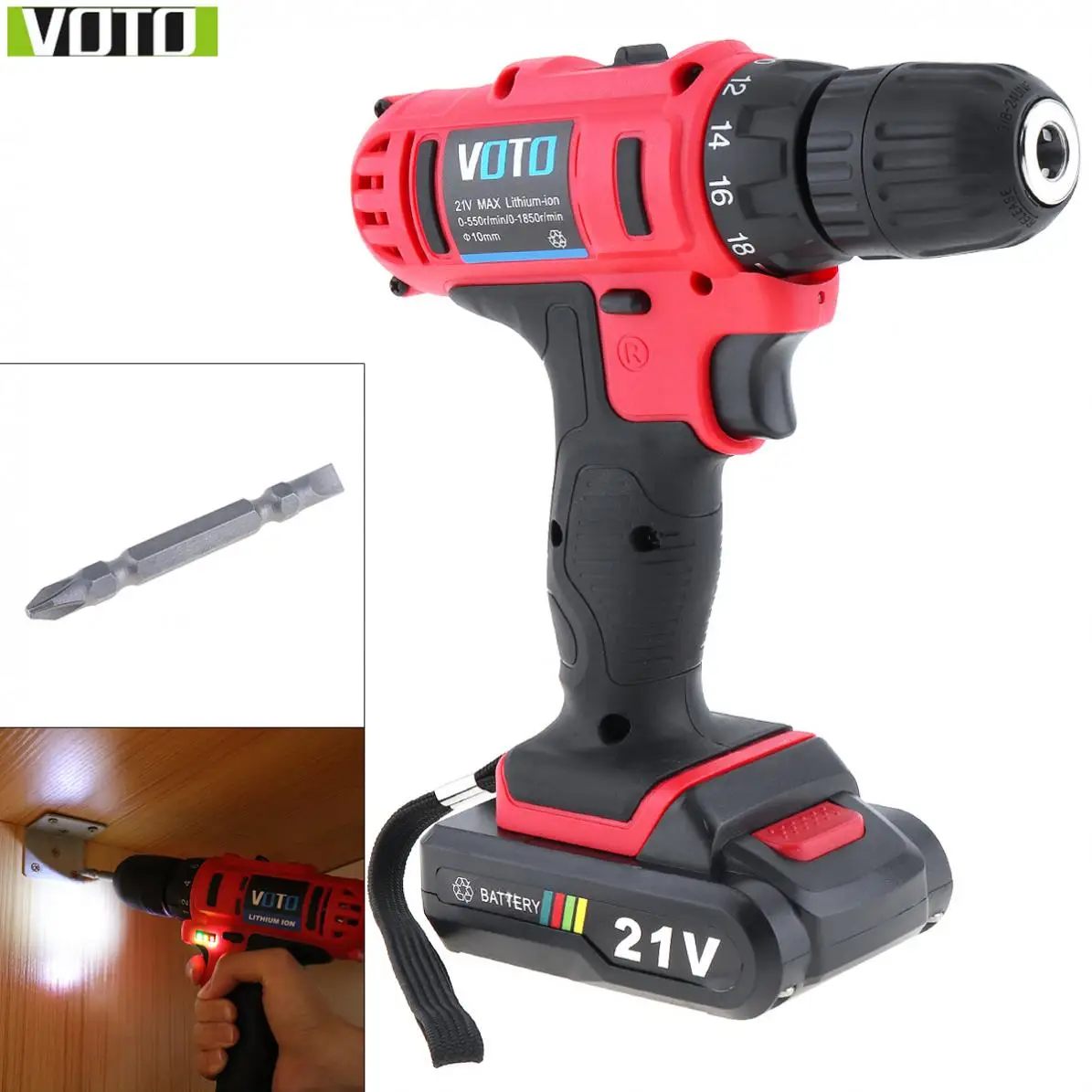 

VOTO Electric Screwdrivers 100-240V Cordless 21V Two-speed Electric Screwdriver with Lithium Battery for Handling Screws