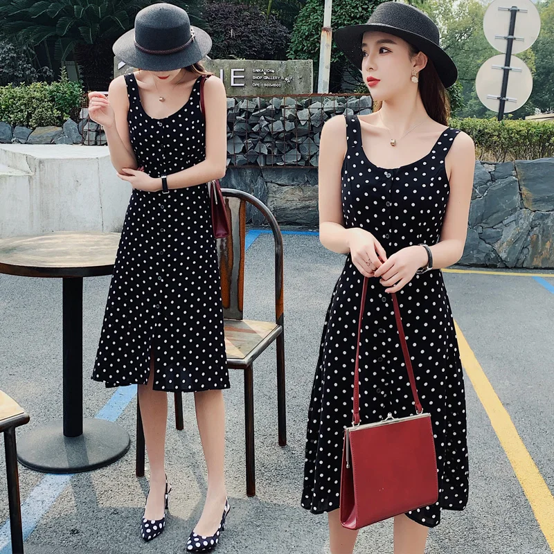 

2019 summer New Women strap Sleeveless holiday beach Polka Dot Button Dress Black Red Knee Length Dress female A line
