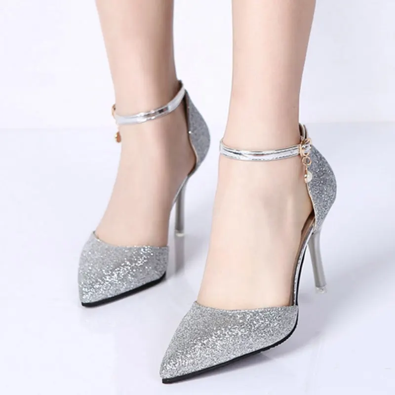 Women's Elegant Ankle Buckle Crystal Bling Pumps Silver 1