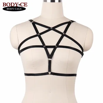 

Womens Sexy Body Harness Pentagram Cage bra Bondage Lingerie Black Elastic Strappy Tops Goth Fetish Burlesque Corset Rave Wear
