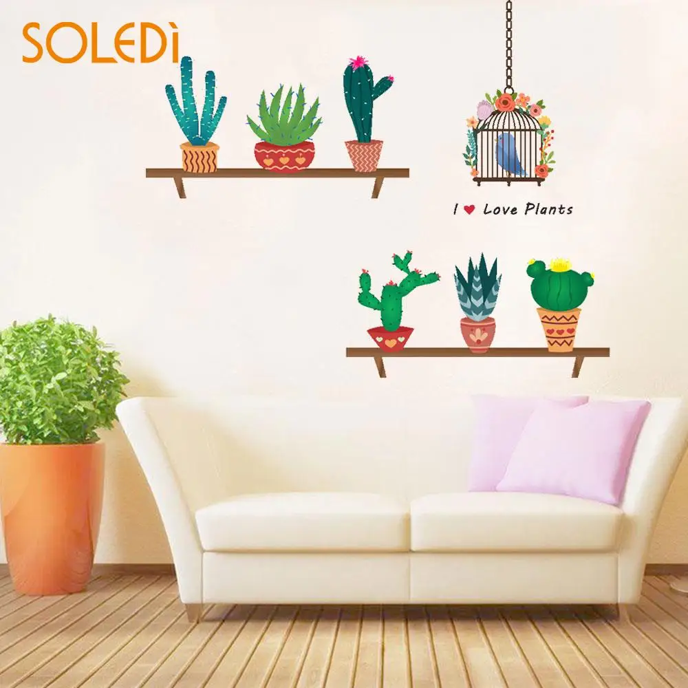 NEW Colorful Poster Wall Stickers Cactus Bird Cage Window Non Toxic