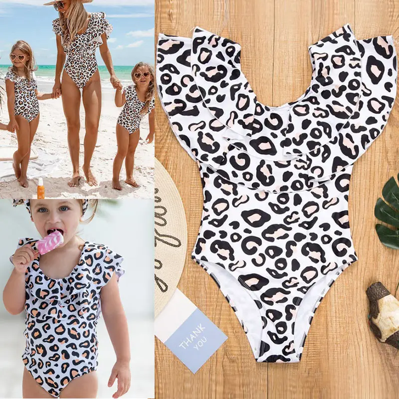 

Mom Daughter Summer Leopard Printed Swimwear Off-shoulder Ruffle Bikini BM88