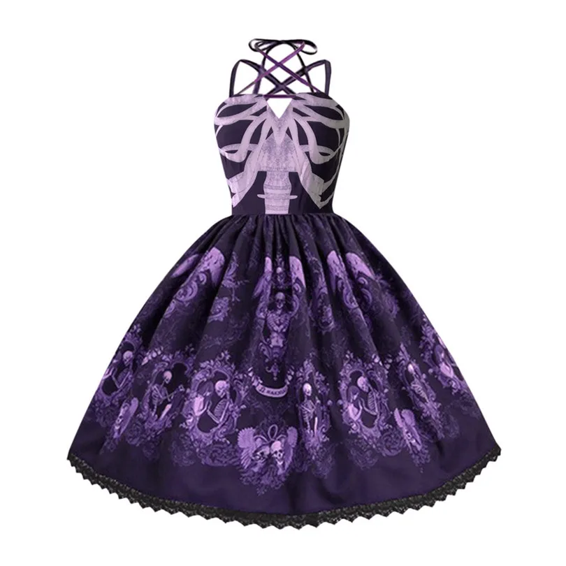 Skull Print Dress For Women Punk Style Summer Dress Strap Hepburn Dress Big Swing Party Dress Large Vestido De Festa 40JUN58