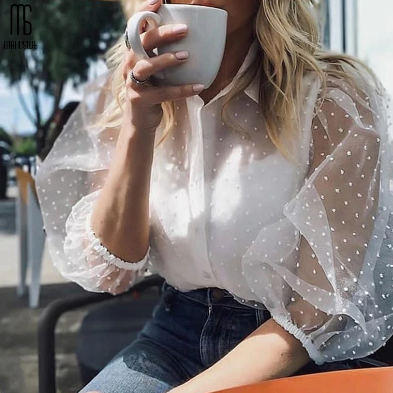 

Manoswe Summer Transparent White Lace Blouse Shirt Women Sexy Black Chiffon Shirt Puff Sleeve Linen Cotton Blusas Camicia