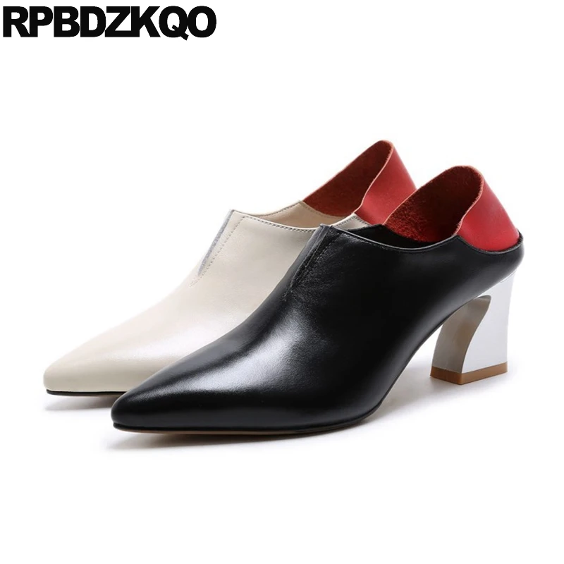

Pumps Catwalk High Heels Shoes Designer Ladies Beige Ankle Boots Mules Slipper Genuine Leather Pointed Toe Metal Block Autumn